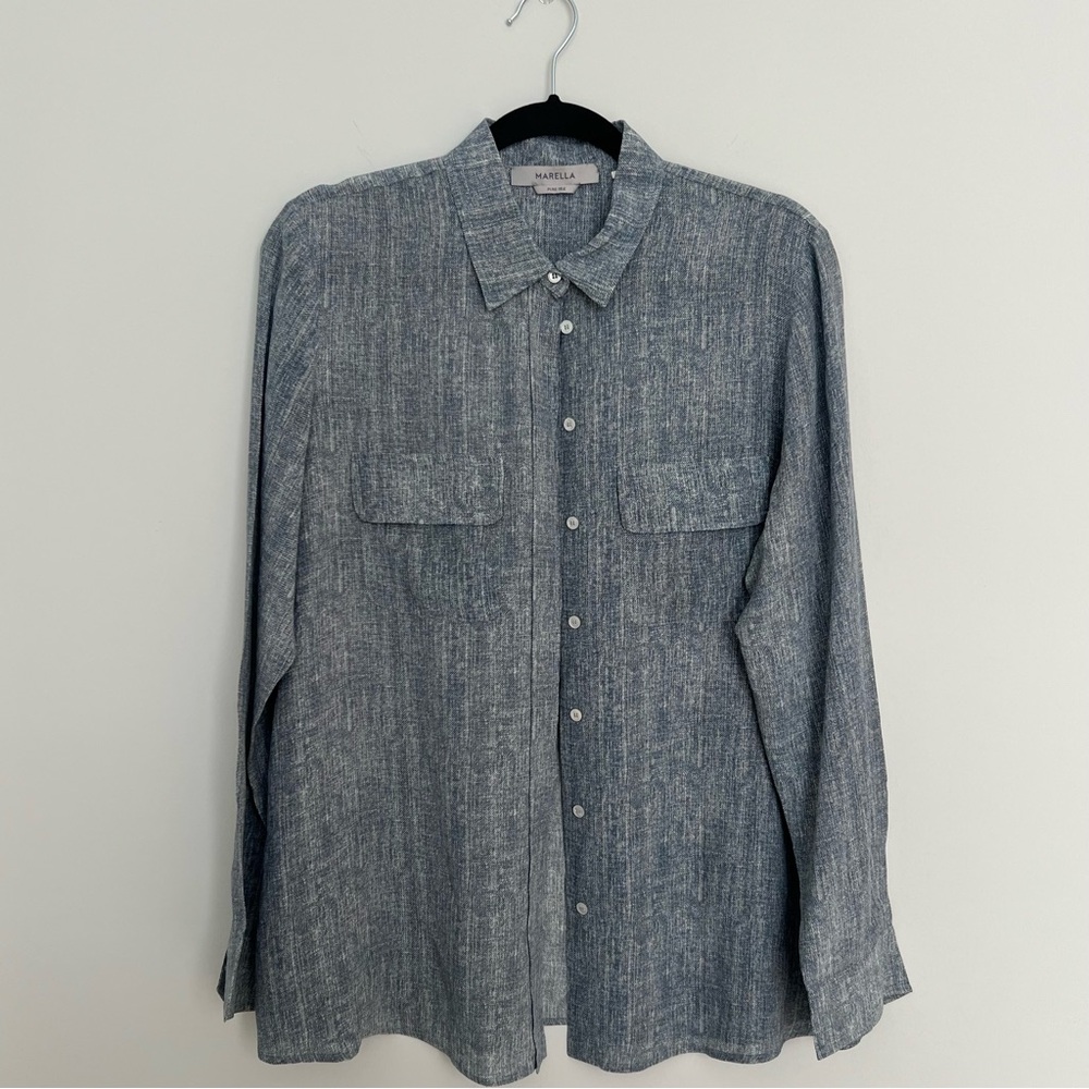 Marella FIFY 100% Silk Crepe Long Sleeve Button Down Dust Blue Shirt Size 12